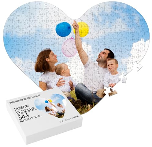 Personalised Jigsaw Puzzle Custom Photo Puzzle, 344 Piece Wooden Heart-Shaped Photo Puzzle, Make Your Own Anniversary Wedding Birthday Christmas Valentines, Gifts for Family Friend Him and Her-Heart