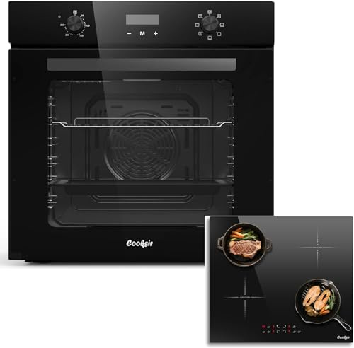 Cooksir Four Encastrable 60CM avec Prise, 60 Litres, 2000W, 7 Fonctions, Bouton Rotatif+Plaque à Induction 4 Feux, Encastrable 60 CM, 7200W, Commande Tactile Individuelle, Fonction Boost
