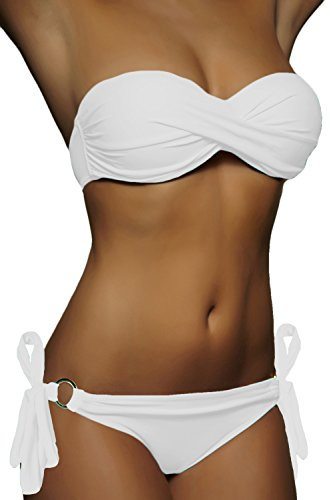 ALZORA Push Up Bandeau Bikini Set Damen Ringe Pushup Badeanzug Auswahl, 10227 (M, Weiß)