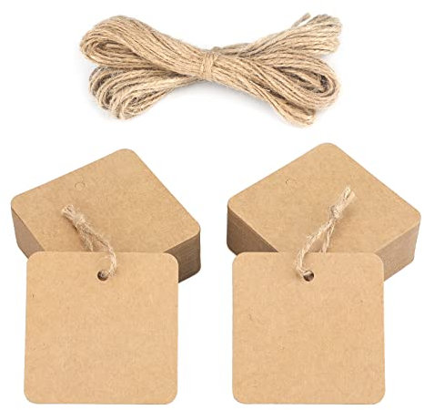 jijAcraft 5,5 cm Kraftpapier Quadratische Geschenkanhänger, 100 Stück Geschenk Anhänger, Braun Papier Etiketten mit Juteschur für Gepäckanhänger, Preisschilder, Selbstgebastelte Schilder
