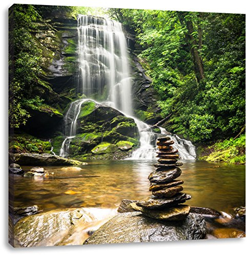 Pixxprint Zen Steine vor Wasserfall, Größe: 70x70, Leinwandbild Quadratisch, Wandbild, Kunstdruck, fertig bespannt
