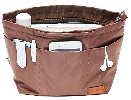 iN. Neverfull Geldbörsen-Organizer-Einsatz mit Reißverschluss, Nylon-Stoff-Aufbewahrungstasche mit Griffen, für Damenhandtaschen und Tragetaschen, leicht, mittelgroß, Braun, Braun