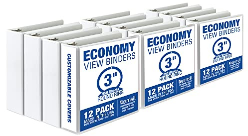 Samsill Economy 3 Inch 3 Ring Binder, Made in The USA, Round Ring Binder, Customizable Clear View Cover, White, 12 Pack (MP128587)