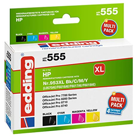 edding Druckerpatrone EDD-555 - Multipack 4 - Schwarz, Cyan, Magenta, Gelb - 1x 53 ml + 3X 26 ml - Reichweite 1x 2045 3X 1765 Seiten - Ersetzt HP 953XL (L0S70/F6U16/F6U17/F6U18)