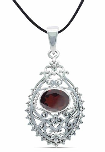 mantraroma Collana con ciondolo in argento 925, pietra preziosa rossa granata, collana con ciondolo in argento sterling da donna, regalo