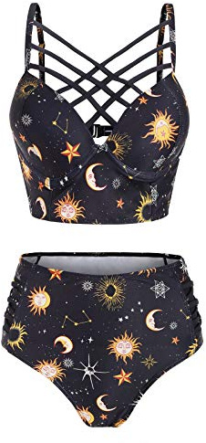 JMSUN Traje de baño de verano para mujer, diseño de sol, estrella, luna, entramado, cintura alta, tankini