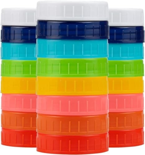 Tebery 24 Pack 70mm Plastic REGULAR MOUTH Mason Jar Lids with Silicone Rings, Food Grade Colored Storage Caps for Mason Canning Jars and More, Standard