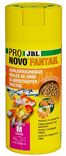 JBL PRONOVO FANTAIL GRANO, Hauptfutter für Schleierschwänze und Goldfisch-Zuchtformen von 8-20 cm, Fischfutter-Granulat, Klickdosierer, Größe M, 250 ml
