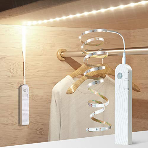 Sensky Motion Sensor Strip Lights Rechargeable Motion Activated LED Light Strip Dimmable for Cabinet, Wardrobe, Cupboard Hallway, Stairs(2M, Cool White)
