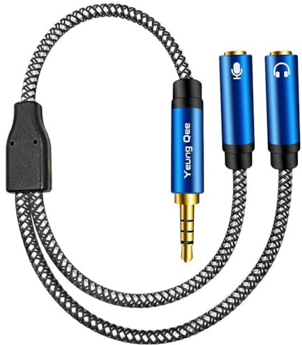 Yeung Qee Headphone Mic Splitter Adapter 3.5mm Male to 2 Dual 3.5mm Female Audio Mic Y Splitter Adapters Cable Compatible with Phone, Laptop, PS4,Gaming Headset, External Microphone& More(30cm,blue)
