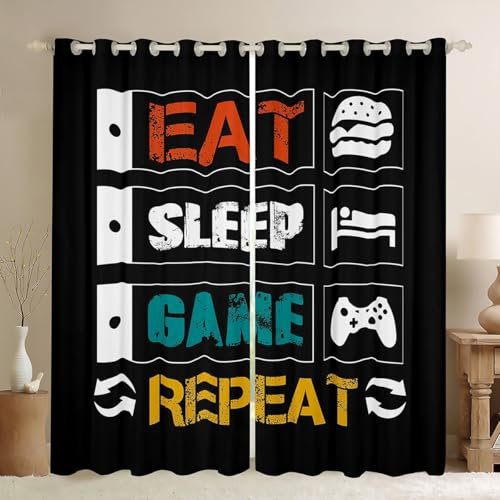 Gamer Fenstervorhänge für Schlafzimmer, Dekoration für Jungen, Teenager, Gaming-Fenstervorhänge, Mädchen, Kinder, Videospiel-Controller, lustig, kreativ, Eat Sleep Spiel, 96x137 cm, 2 Paneele