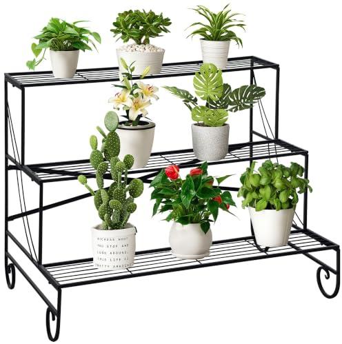 Outsunny Blumenständer 3 Stufen für Innen & Außen Schwarz 95 x 63 x 72 cm | Blumenregal aus Metall, Pflanzenregal, Blumentreppe, Garten, Balkon