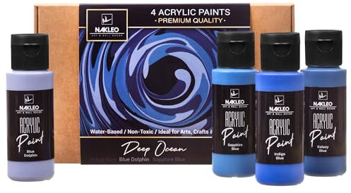NAKLEO Set di Vernici Acrilici per Dipingere, 4 Colori (60ml, 2oz) Deep Ocean Blu Navy, Non Tossico e Opaco a Base d'Acqua, Forniture Artistiche DIY, Stencil Muro Legno Tessuto Carta