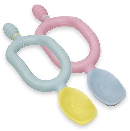 Bibado - Dippit Baby Spoon and Dipper, Pink & Grey (2-Pack) - Soft, Chewable Dipper & Deep Spoon - Two-Hand, Sensory Grip - Baby Weaning Set - Weaning Spoons - Baby Gifts - Baby Essentials - 6 Months+