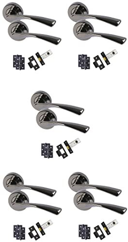Golden Grace Astrid Style Modern Door Handles On Round Rose in Metallic Black Finish with 1 Pair of Ball Bearing Hinges & 64mm Tubular Latch - 5 Sets