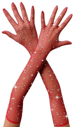 RSLOVE Netzhandschuhe für Damen, Partyhandschuhe, Pailletten, Ballhandschuhe, Zubehör 1920, klassischer Stil, rot, One size