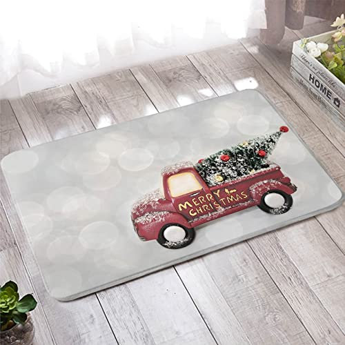 Banemi Teppich Waschbar, Türmatte Schmal 60X90cm Rot Grün Spielzeugauto mit Weihnachtsbaum für Wohnzimmer Schlafzimmer