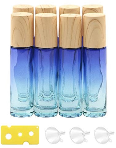 Pxyelec 8Pcs Glass Roller Bottles Essential Oils Perfume Roll on Bottles 10ml (1/3oz) Blue Gradient Rolling Bottles Vials Container for Oils Lip Balms Liquid