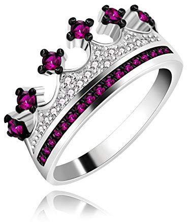 Uloveido Anillo de corona de princesa de color plateado con zafiro simulado, circonita cúbica, anillo de compromiso clásico de eternidad para mujer, N1/2 (54.4mm), Cristal, Zirconia cúbica, rojo