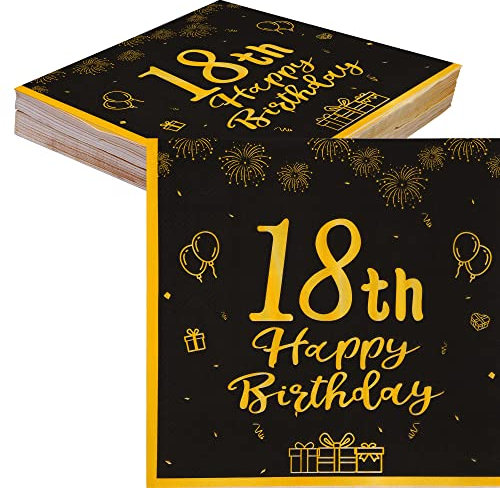 TOPWAYS 18 Geburtstagsdeko Servietten, Schwarz Gold Papier Party Servietten Tischdeko für 18. Geburtstag Junge Mädchen Happy Birthday Servietten Decorations 40Stück (18 geburtstag)