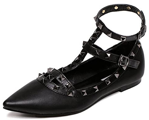 Pumps mit spitzer Zehenpartie für Damen, modisch, mit Nieten, Knöchelriemen, klobige, niedrige Absätze, mit Nieten besetzt, T-Riemen, lässige, flache Schuhe, Knöchelriemen, Schnalle,Schwarz,42