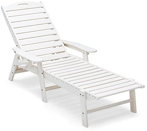 COSTWAY Tumbonas Jardin Exterior HDPE, Tumbona Playa Reclinable con Respaldo Ajustable de 5 Posiciones, Portavasos Móvil, Tumbona Jardin Playa Piscina, Blanco