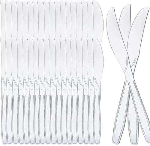 Cuchillos Reutilizable de Plástico Transparente Juego de Cartón Reutilizable Cucharas cuchillos tenedores Vasos Platos Pajitas para Fiestas Buffets Bodas (19,60CM/100pcs, Cuchillos Transparente)