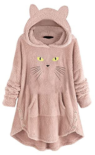 Skang Damen Pullover Damen-Fleece-Kapuzenoberteil mit Langen Ärmeln, niedlichem Katzengesicht, losem Taschen-Hoodie Winter Pulli (Pink, L)