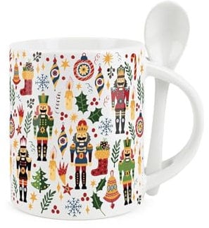 Purely Home Christmas Mug and Spoon Set - Nutcracker Print - Ceramic White Coffee/Tea Mug with Spoon in Handle