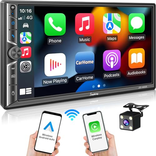 7 Double Din Car Stereo Compatible with Wireless Apple CarPlay & Android Auto, 240W 4.2-Channel Dual Subwoofer Ports, Touchscreen, Bluetooth 5.3, Mirrorlink, Backup Camera, FM/AM Car Radio