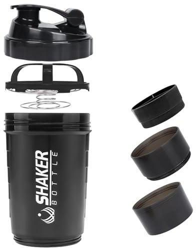 VIGIND Protein Shaker 500ml, Eiweiß Shaker mit Kugel, Auslaufsichere Sport Shake Flasche für Gym, Proteinpulver Shaker Becher mit Lagerung, inkl. Drahtgitter für klumpenfreie Proteinshake (Schwarz)