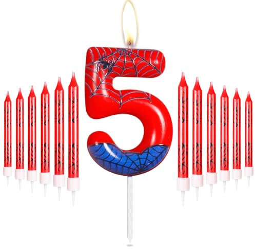 Personalisierte Happy 5th Birthday Kuchen Kerzen Set, Blau Rot Kerzen mit Spinnennetz, Spinne Nummer 5 Kerzen Kuchen Topper für Kuchen, Spinne Thema Party Kerzen für Jungen Mädchen 5. Geburtstag