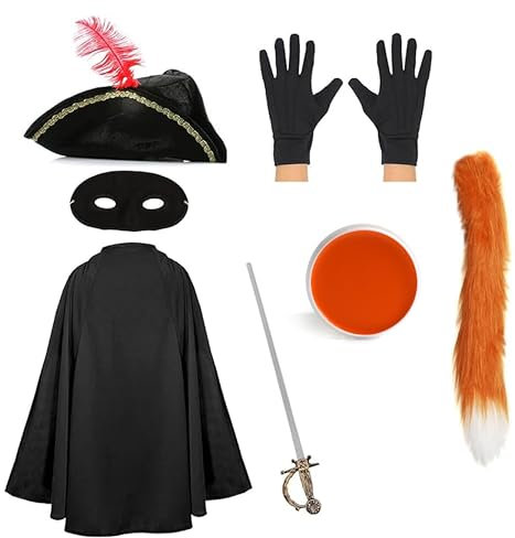 Kids Cat Bandit Costume - Black Tricorn Hat, Black Cape, Black Eye Mask, Black Gloves, Fake Sword, Orange Cat Tail, Orange Facepaint - Childs World Book Day Fancy Dress Costume