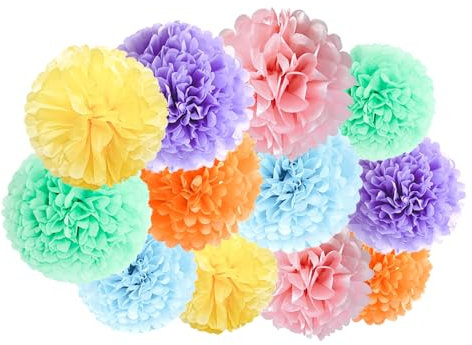 ZYOOO 12 Stück Tissue Pom Poms,25cm/30cm Seidenpapier Pompons hängende Deko für Pastell Party,Einhorn Party,Mädchen Geburtstag,Baby Brautdusche,Hochzeit,Ostern Party Deko(Bunt)