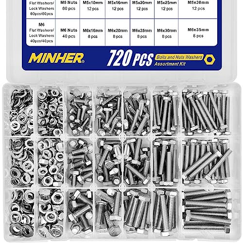 M4 M5 M6 720 PCS Bullone Esagonale Bulloni e Dadi in Acciaio Inossidabile 304,Rondelle piane e rondelle elastiche set