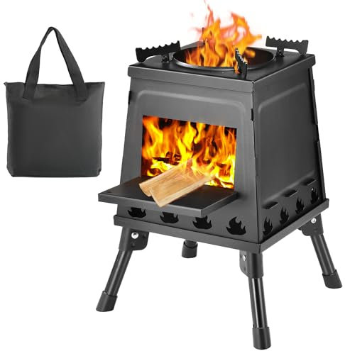Estufa de leña, estufa de leña para camping, pequeña estufa de leña portátil de hierro fundido: solución compacta para cocinar al aire libre con bolsa de transporte (pequeña)