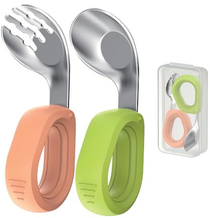 Couverts Bébé Inox Avec Poignet Plastique - Cuillère Bébé Et Fourchette Bébé 1er Age - Apprentissage Et DME 12 mois - Poignée Incurvée - Anti Etouffement Enfant - Couvert Enfant - Couvert Bebe 1 An