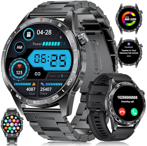 Montre Connectée Homme 1.43” AMOLED avec Appel Bluetooth pour Android iOS Montre Homme Connectée Acier Noir Montre Intelligente Homme 100+ Sport 400 mAh Fréquence Cardiaque Santé Moniteur,3 Bracelets