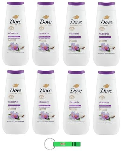 Dove Advanced Care Docciaschiuma Rilassante Lot de 8 gels douche au jasmin et au lait de coco - Peau douce avec effet crème - 225 ml + porte-clés Beni Culinari