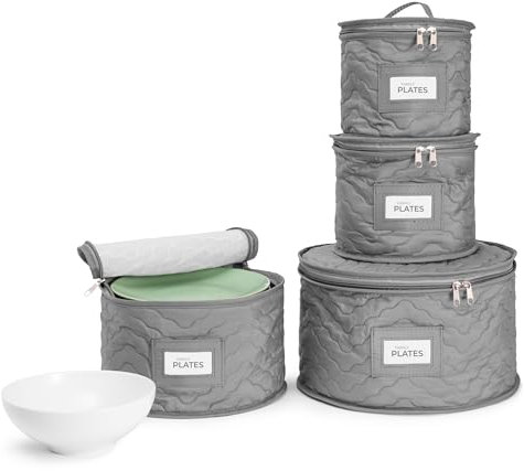 Sorbus Quilted Dish Storage Containers - 4 Stackable Plate Carrier Set for Organizing, Moving Supplies, Party - 4 Piece China Storage Case Set with Felt Plate Protector