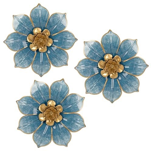Arborus Wanddekoration, blaues Metall, 24,9 cm, 3-teilig, moderne 3D-Wandkunst, Blumen-Wanddekoration, Metall-Kunstwerke für Schlafzimmer, Wohnzimmer,