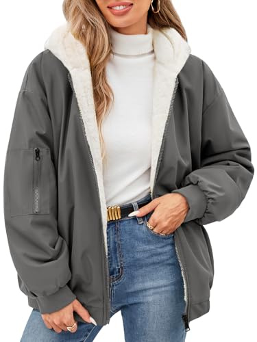 Tuopuda Womens Winter Jackets Thermal Zip Up Coat with Hood Casual Reversible Parka Jacket Windproof Warm Fleece Winter Coat Outdoor Jacket