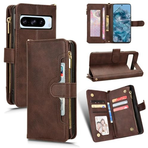 Dtdepth Handyhülle für Google Pixel 8 Pro Hülle mit Kartenfächern Klapphülle Geldbörse Magnetverschluss Schutzhülle Ständer Handytasche Leder Tasche Wallet Flip Case Cover - Braun