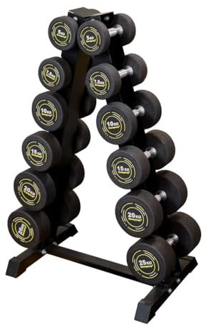 Strongway® Rubber Dumbbells Set with Weights Storage Rack Stand Rubber Coated Cast Iron Weights - Gym Training Weight Lifting Exercise (5-20KG SET + VERTICAL STAND)