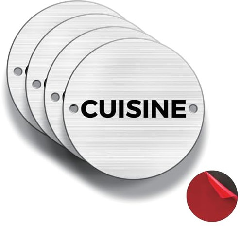 FloraVigo Panneaux de sécurité pour presse, 4 pièces, φ85 mm, aluminium brossé, épaisseur 3 mm, intérieur/extérieur, avec autocollants et trous (CUISINE)