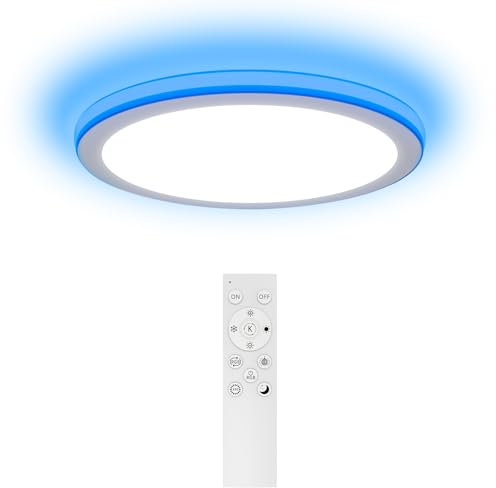 Aphyni Plafonnier LED Dimmable 24W, Luminaire Plafonnier Ø30CM Ultra Fin RGB 7 Couleurs, 3000-6500K 3800LM avec Veilleuse, Télécommande & App, Plafonnier LED IP44 pour Salon, Chambre, Cuisine