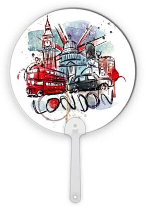 London Bus Big Ben UK Watercolor Plastic Round Handheld Fan Decorations Craft