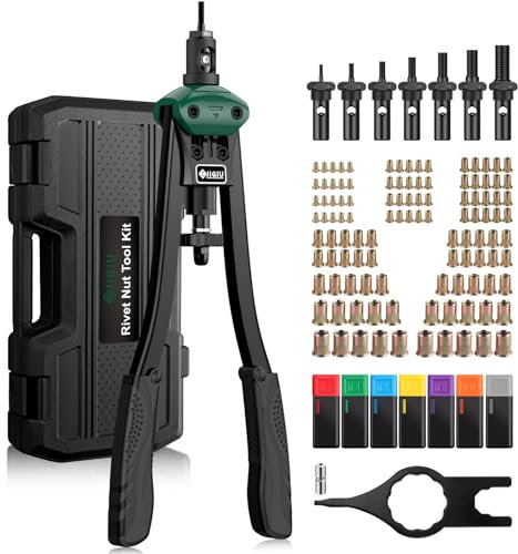 JiGiU 16'' Remachadora de Tuercas con 110 Tuercas M3 M4 M5 M6 M8 M10 M12 Juego de Alicates para Remachar 7 Mandriles Intercambiables para Automoción, Componentes Metálicos, Construcción