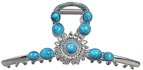 Bandeau Cheveux Fille Pince à cheveux western extra large en métal argenté avec pierre turquoise bleue (Blue, 11.5CM)