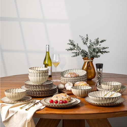 GBHOME 24-teiliges Tafelservice mit reaktiver Glasur, handgefertigte geprägte Teller und Schüsseln, spülmaschinen- und mikrowellengeeignetes Steingut-Set für 6 Persone
